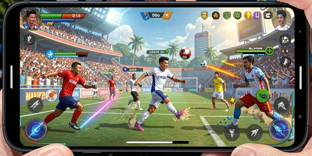 Lingkungan permainan yang berwarna-warni dan detail.